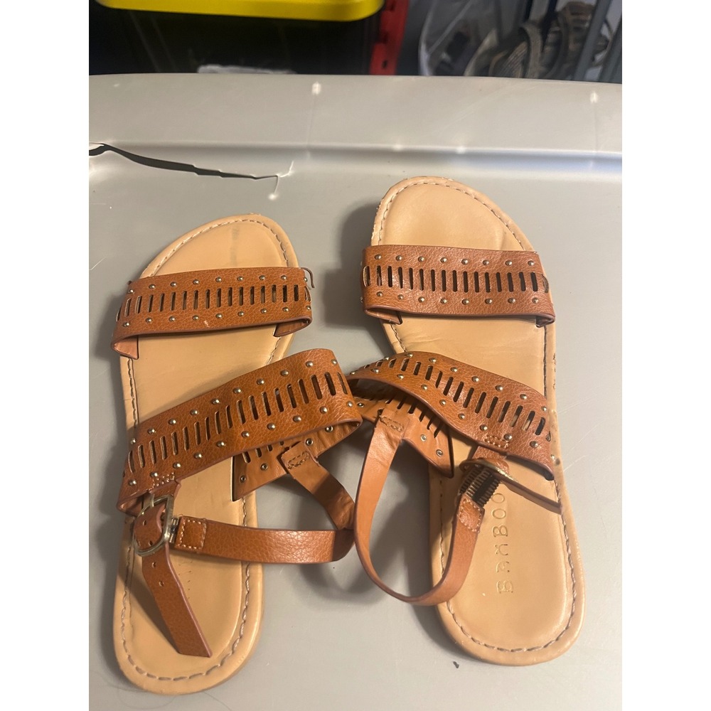 Bamboo Women Cognac Brown Studded Perforated Strappy Flat Sandals Size 6